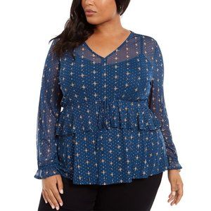 Style & Co Womens Plus Size Blue Ruffled Front Long Sleeve V-Neck Mesh Tunic Top
